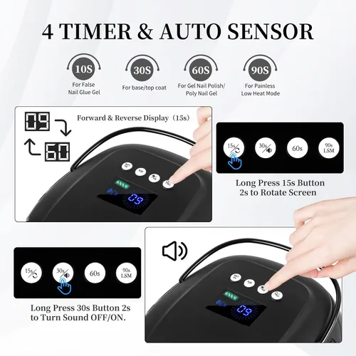 Miniatura 5 de Lámpara de uñas LED UV recargable de 126 W, secador de uñas inalámbrico portátil con sensor automático y 4 ajustes de temporizador, lámpara