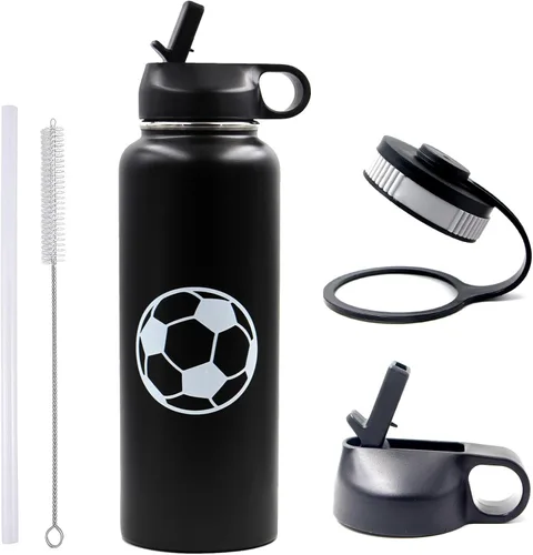 Miniatura 33 de Botella de agua de baloncesto de 12 onzas, botella de agua deportiva aislada al vacío de acero inoxidable con popote y 2 tapas, botella de agua