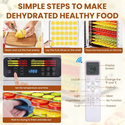 Miniatura 3 de Deshidratador de alimentos para cecina, control remoto, 10 bandejas grandes de acero inoxidable, deshidratador de frutas de 1000W, temporizador