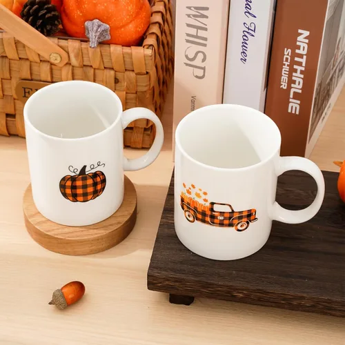 Miniatura 6 de Whaline 2 tazas de café de otoño de 12 onzas con diseño de búfalo a cuadros, calabaza, camión, tazas de café de cerámica para parejas, Acción