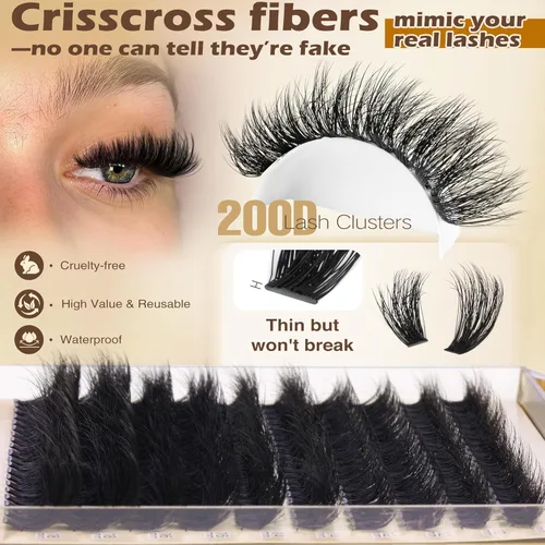 Miniatura 2 de Kit de extensión de pestañas Focipeysa, kit de extensión de pestañas gruesas, racimos de pestañas de volumen esponjoso de 10-18 mm, 200D pestañas