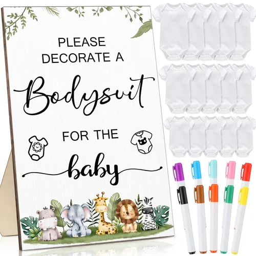 Miniatura 8 de Handepo Juego de 26 piezas para baby shower, 1 cartel de madera, 15 mamelucos blancos, 10 marcadores de tela para kit de decoración de nacimiento