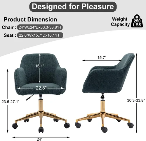 Miniatura 3 de Silla esponjosa verde – Silla de tocador ajustable en altura con ruedas, silla giratoria de piel sintética para sala de maquillaje u oficina en casa