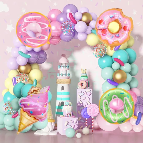 Amandir Kit de arco de guirnalda de globos de dona de 139 piezas en colores pastel, decoración dulce de una pizca de helado para fiesta de