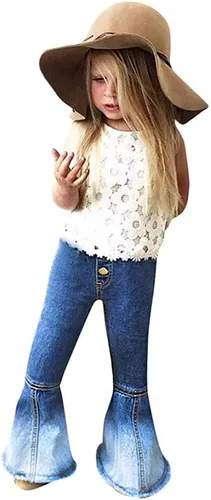 MODNTOGA Pantalones de mezclilla para niñas bebés, pantalones acampanados vintage, pantalones acampanados para niños, ropa occidental para niñas,