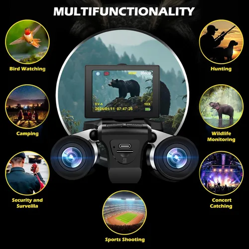 Miniatura 5 de Binoculares digitales LCD de 2.4 pulgadas con cámara, grabación de video de 48 MP 2.5K, óptica de 12 x 32, zoom digital 8X para observación de aves