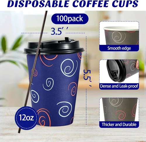 Miniatura 2 de TV TOPVALUE Paquete de 100 vasos de papel de 12 onzas, tazas de café desechables con tapas y pajitas para agua potable, té, utilizado para el hogar