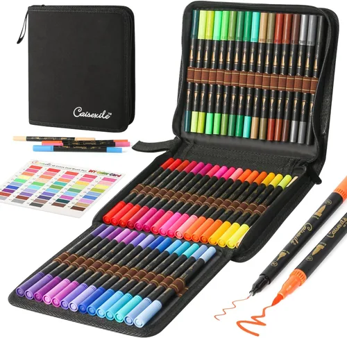Juego de 48 marcadores de arte con punta doble, 96 puntas finas y de pincel para libros de colorear para adultos, diarios, toma de notas, 48 Colores