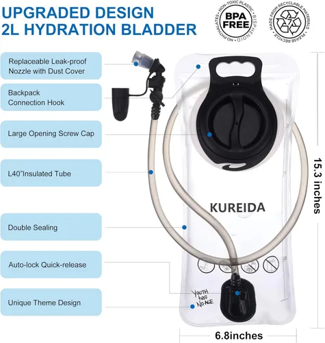 KUREIDA Hydration Bladder 2 Liter, BPA Free Water Bladder for Hiking Backpack Water Storage Bag with Insulated Tube, Hydration Backpack Replacement