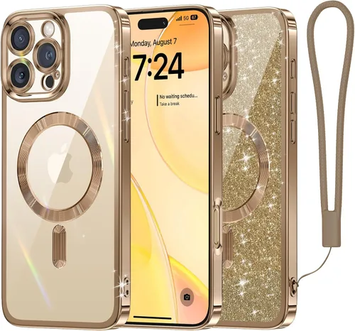 Miniatura 71 de Meifigno Candy Mag Series - Funda diseñada para iPhone 15 Pro, compatible con MagSafe, tarjeta con purpurina y correa de muñeca, protección completa