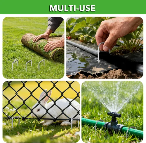 Miniatura 7 de Juego combinado de 40 grapas de paisaje de 4 pulgadas, 20 en forma de U y 20 estacas de jardín galvanizadas en ángulo recto para barrera de malezas