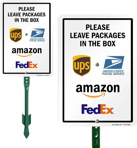 Miniatura 25 de SmartSign 7 x 10 pulgadas "Por favor, deje los paquetes en la caja - Amazon, FedEx, UPS, USPS" Letrero de instrucciones de entrega de metal