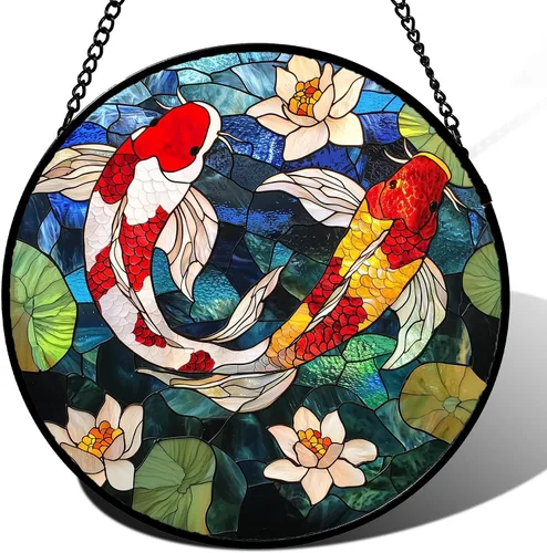 Atrapasoles de Vidrio Manchado para Colgar en Ventanas, Koi y Loto para Puerta, Decoración del Hogar, Atrapasoles de Pescado, Regalos de Navidad,