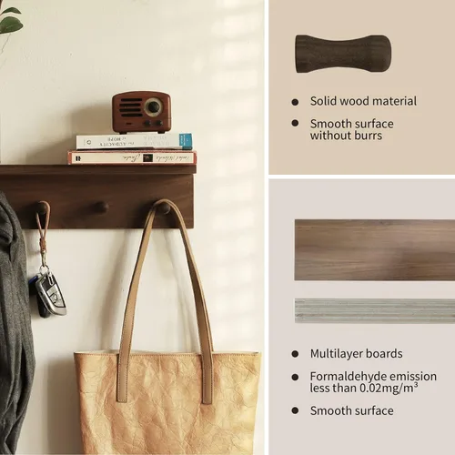 Miniatura 4 de Perchero de entrada con ganchos y estante, estante organizador de pared flotante de madera resistente con 4 ganchos adecuado para entrada, despensa