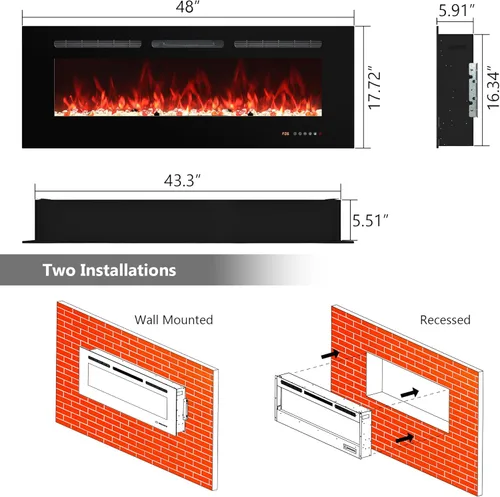Miniatura 2 de Chimenea eléctrica de 48 pulgadas para empotrar y colocar en la pared, insertos de chimenea eléctrica con control remoto y pantalla táctil, 169