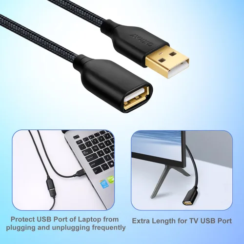 Miniatura 5 de OKRAY - Cable de extensión USB, paquete de 2 cables de extensión USB 2.0 de nailon trenzado de 6 pies tipo A, macho a hembra, con conector chapado