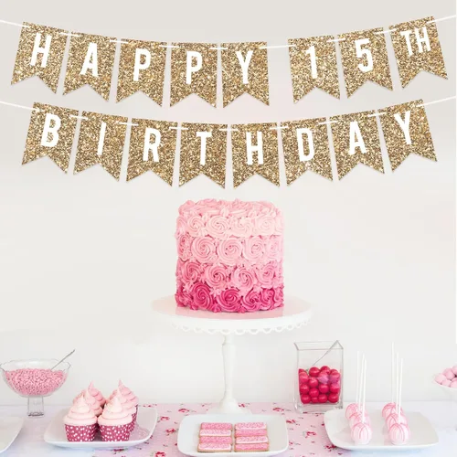 Miniatura 2 de Cartel de feliz cumpleaños número 15 pre-encordado – No DIY – Cartel de fiesta de cumpleaños número 15 con purpurina dorada para niños y niñas