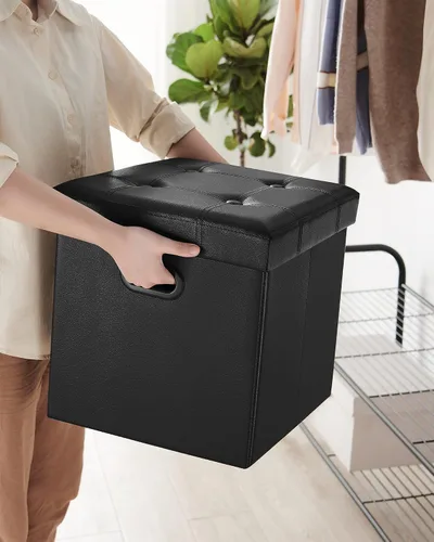 Miniatura 8 de Otomana plegable por Songmics, cubo de almacenamiento de 15 pulgadas con agujero y asa, piel sintética, Madera, Negro