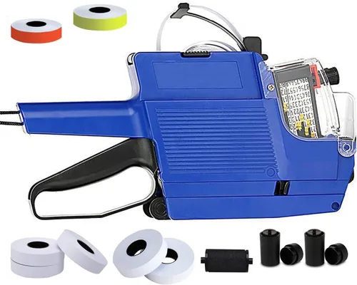 Pistola de etiquetas de precio MX6600 de 2 líneas de 20 dígitos con 5 rollos/2800 etiquetas blancas, 3 rollos de tinta, máquina etiquetadora de Azul
