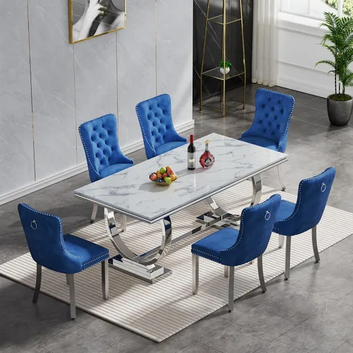 Miniatura 16 de Juego de mesa de comedor de mármol de 5 piezas para 4, mesa de cocina de lujo de 68 pulgadas de mármol negro dorado con 4 sillas tapizadas