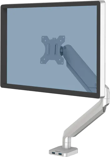 Fellowes Platinum Series - Brazo de monitor único para monitores de 40 pulgadas, movimiento completo, rotación de 360°, montaje VESA con ojal o Plata