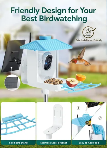 Miniatura 8 de Osoeri Comedero para pájaros con cámara, alimentador solar inteligente para pájaros con identificación de IA, video de captura automática HD de Azul