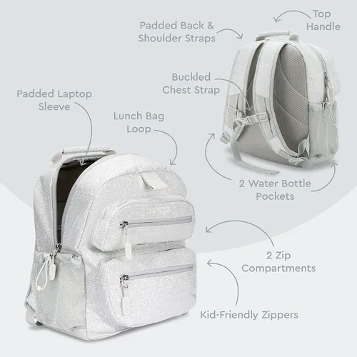 Miniatura 3 de Bentgo Mochila para niños - Mochila ligera y duradera de 14 pulgadas, Glitter Edition - Plata