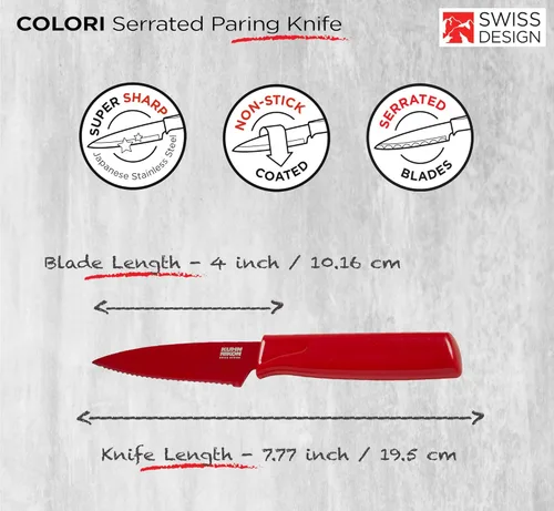 Miniatura 2 de Kuhn Rikon COLORI Cuchillo de pelar dentado antiadherente con funda de seguridad, hoja de 4 pulgadas, color rojo