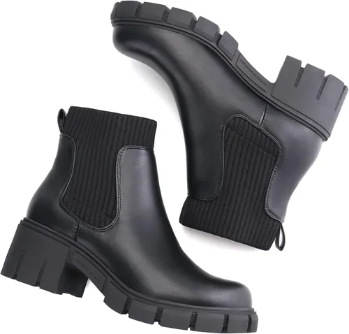 Miniatura 5 de JABASIC Botines gruesos para mujer, botas Chelsea sin cordones, botas elásticas