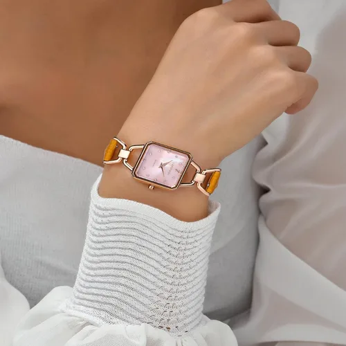 Miniatura 2 de LANZOOM Reloj de cuarzo para mujer, elegante esfera cuadrada de gradación de cristal nacarado, correa de cuero ajustable marrón y amarillo