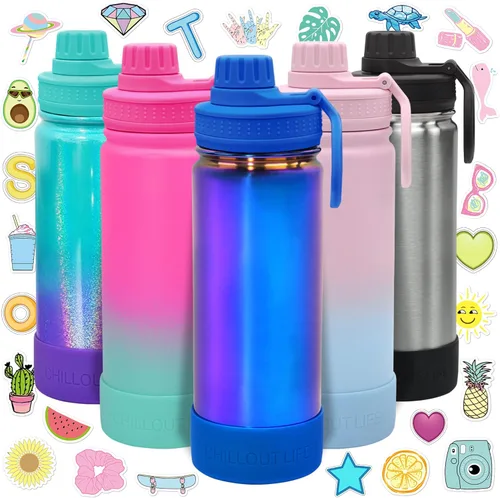 CHILLOUT LIFE Botella de agua aislada para niños de 17 onzas para la escuela con tapa de boquilla a prueba de fugas y bonitas calcomanías Azul