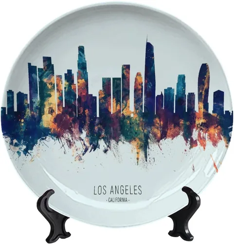 Platos decorativos de horizonte de Los Ángeles, plato decorativo de paisaje urbano con soporte, adorno de cerámica para decoración de cocina, 6