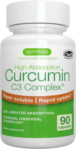 Igennus Advanced Curcumin C3 Complex, 300% mayor absorción y absorción rápida, 95% extracto estandarizado, 90 porciones, etiqueta limpia, suplemento