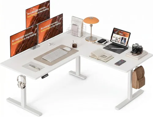 Miniatura 11 de Grandder 63 x 55 Pulgadas Escritorio en Forma de L, Escritorio Eléctrico Ajustable en Altura, Mesa de Esquina para Sentarse y Pararse, Mesa de Negro