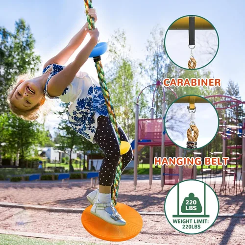 Miniatura 5 de Columpio de árbol para niños, juego de cuerda de escalada de asiento de un solo disco resistente con correa para colgar y mosquetones de plataforma