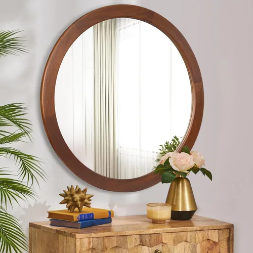 Miniatura 3 de CULER Espejo Redondo de 36 Pulgadas, Espejo de Pared Templado Rústico de Baño con Marco de Madera de Nogal, Espejos Circulares de Madera