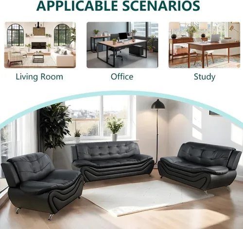 Miniatura 6 de Sofá modular de cuero negro, juego de muebles de sala de estar, 3 piezas, moderno juego de sofá para sala de estar, apartamento, oficina, negro#1