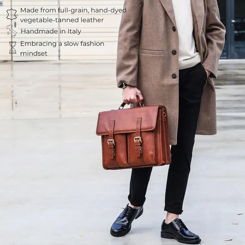 Miniatura 4 de Time Resistance Maletín de cuero para hombre hecho a mano en Italia Bolsa de mensajero de grano completo para portátil