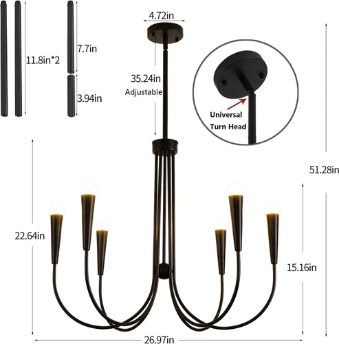 Miniatura 4 de Lámpara de araña de granja, 6 luces industriales, rústicas, para comedor, lámpara colgante ajustable para cocina, isla, sala de estar, vestíbulo