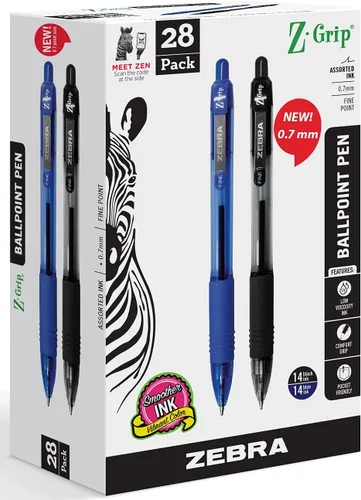 Zebra Pen Z-Grip - Bolígrafo retráctil, punta fina de 0.028 in, 14 bolígrafos de tinta negra y 14 azules, paquete de 28