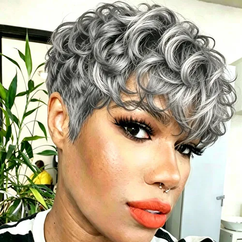 Miniatura 12 de Pelucas cortas de corte Pixie negro natural para mujeres negras, pelucas de cabello rizado de repuesto, peluca corta negra en capas con flequillo