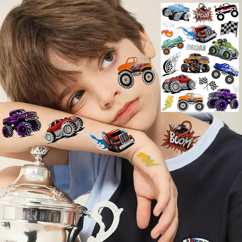 Miniatura 5 de Más de 61 piezas de tatuajes temporales de camión monstruo para niños y niñas, con purpurina brillante plateada metálica, calcomanías falsas