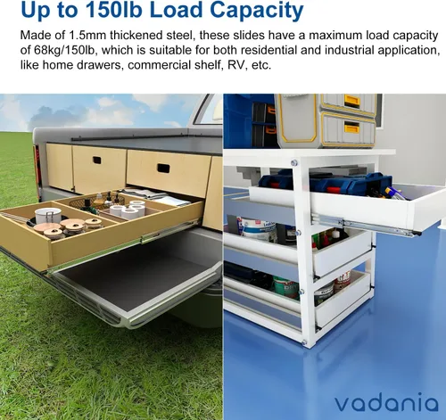 Miniatura 4 de VADANIA Deslizador de cajón resistente de 12" con cierre #VD1551, capacidad de carga de 150 lb, extensión completa de 3 pliegues, cierre