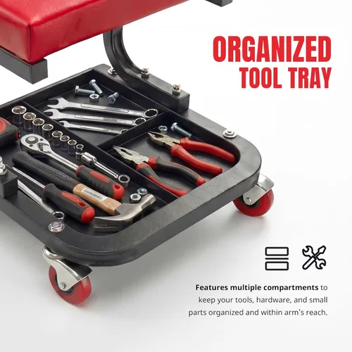 Miniatura 4 de MaxWorks Asiento Rodante para Mecánicos, Capacidad de 250 Libras, Taburete Deslizante Acolchado de Taller Rodante con Bandeja de Almacenamiento