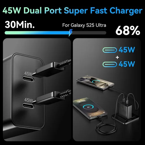 Miniatura 3 de Cargador súper rápido de 45 W, 2 puertos tipo C, carga rápida, cable USB C de 6.6 pies con bloque de cargador de teléfono Android para Samsung