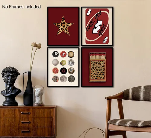 Miniatura 5 de KDHTY Juego de 4 Impresiones Artísticas de Pared Retro Rojas de Moda, Pósters de Arte de Pared Funky Retro Y2K Leopardo Caja de Cerillas Estrella