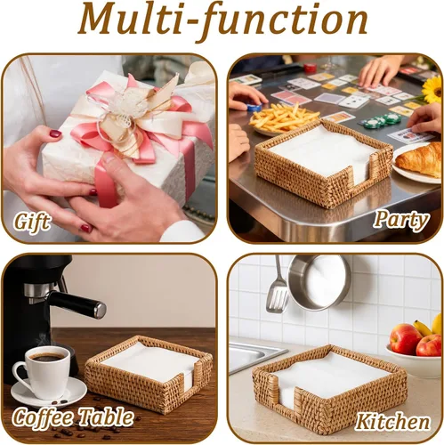 Miniatura 6 de Servilletero cuadrado de ratán, 7 × 7 × 2.4 pulgadas Servilleteros para servilletas de papel Toallero tejido para invitados, soporte rústico