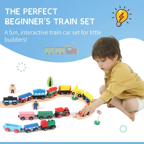 Miniatura 6 de 31 piezas de vagones de tren de madera - Juego de tren magnético incluye 15 vagones, 10 conectores de bonificación y bolsa de almacenamiento, juego