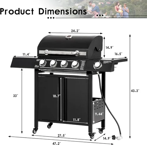 Miniatura 2 de LEISU Parrilla de gas propano de 4 quemadores con quemador lateral y rejillas de hierro fundido, parrilla de salida de 50,0000 BTU para cocina