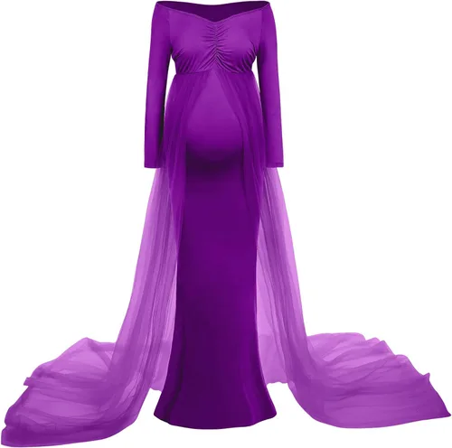 Miniatura 2 de Vestido de maternidad de manga larga con hombros descubiertos para mujer, de tul elegante, ajustado, para baby shower, fotografía, maxi vestido